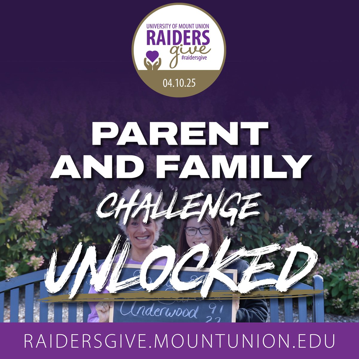 Thank you to our Mount Union family for unlocking the $2,500 Parents and Family Challenge matching gift! We still need 406 donors to hit our 1,000 donor goal and unlock the $200,000 Trustee Challenge!
raidersgive.mountunion.edu #RaidersGive