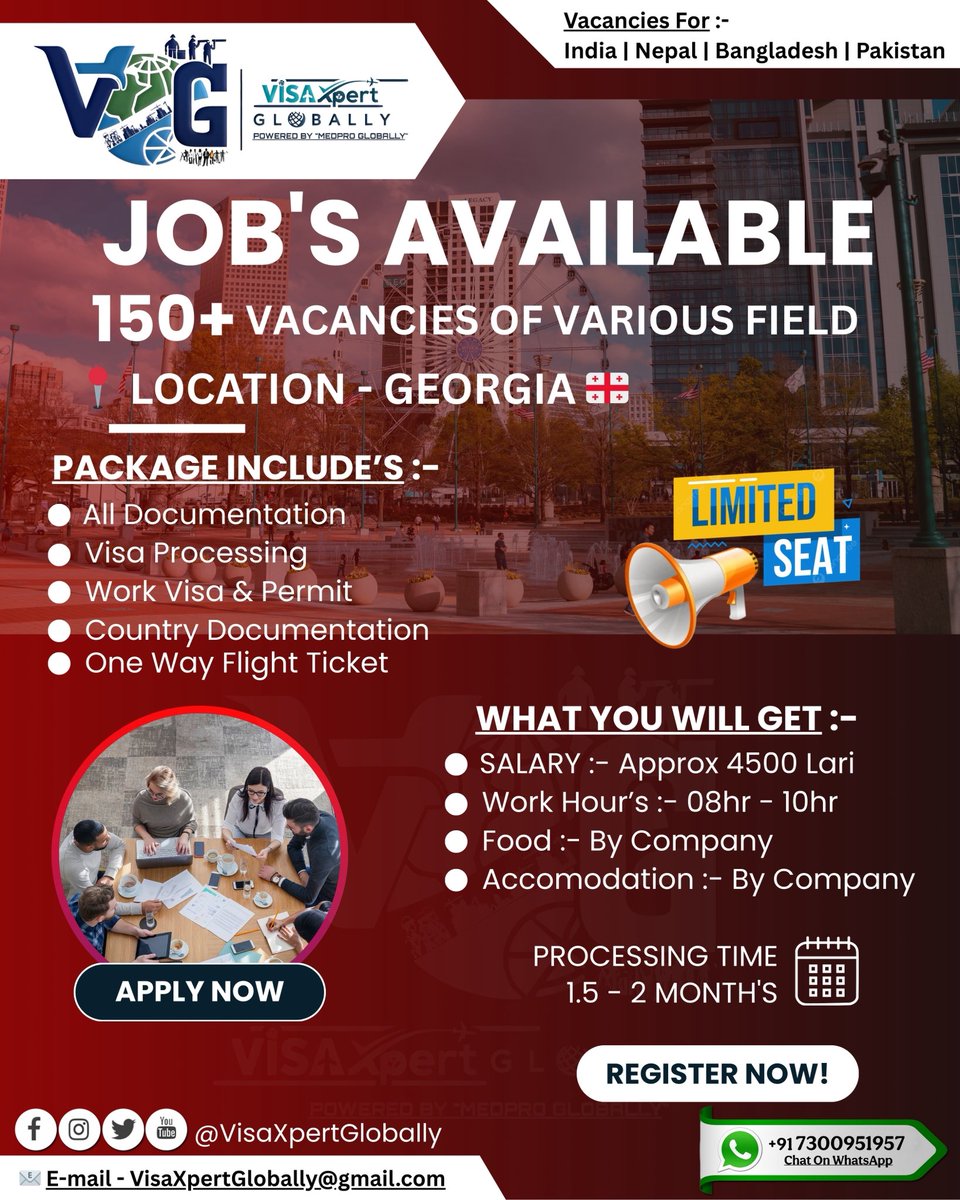 VisaXpertGlobal's tweet photo. Exciting Job opportunities! ✨🌍
@VisaXpertGlobal is hiring from India 🇮🇳, Nepal 🇳🇵, Bangladesh 🇧🇩, and Pakistan 🇵🇰! 

🔥 Enjoy HIGH SALARY, FREE accommodation &amp; food! 💰 

Build your rewarding career abroad! 🌟✈️ DM for details or WhatsApp:- +91 7300951957! 

#VisaXpertGlobally https://t.co/oZ7rrDwvGE