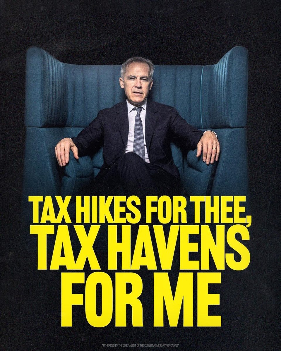 PierrePoilievre's tweet photo. You worked hard, paid the taxes that skyrocketed under the Liberals, while Carney stashed BILLIONS of his company’s cash overseas to dodge taxes.

Canadians can’t afford a fourth Liberal term. 

Vote for Change. Vote Conservative. https://t.co/yVfJwAyJqF