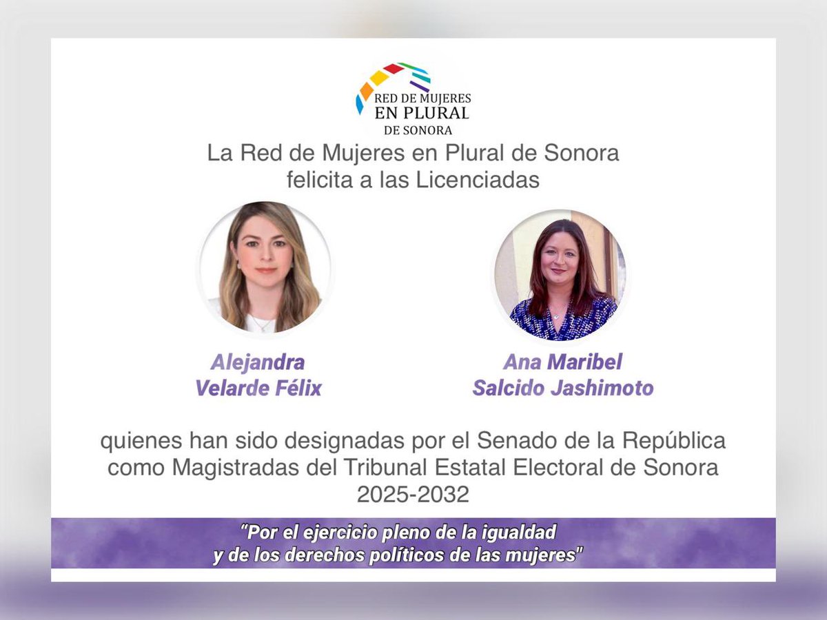 Como Red, extendemos nuestra felicitación a la Lic. Alejandra Velarde Félix y Lic. Ana Maribel Salcido Jashimoto, por su reciente designación como Magistradas del <a href="/TEE_Sonora/">Tribunal Estatal Electoral de Sonora</a> 
Deseamos el mayor de los éxitos.