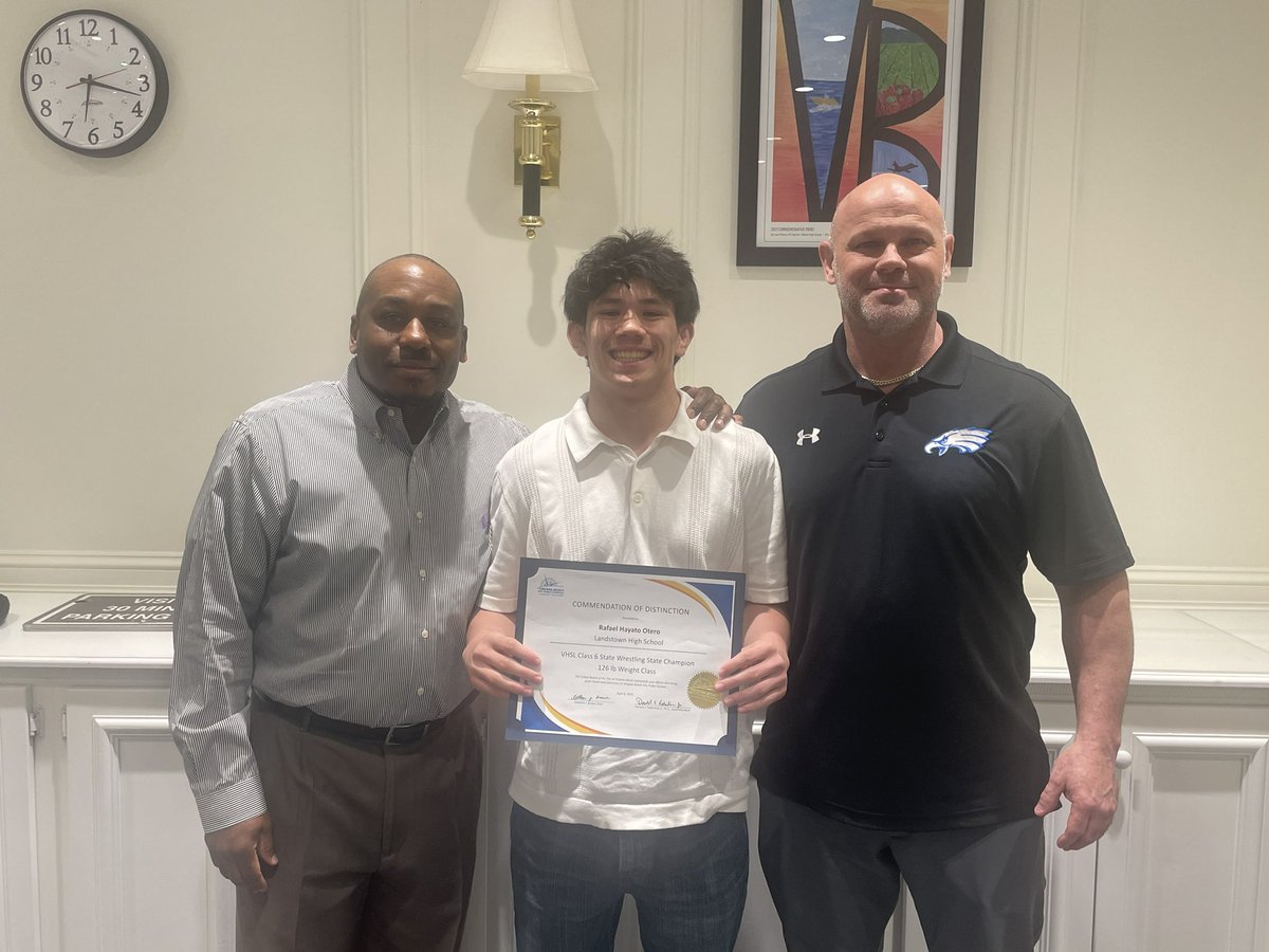 MsPeeJay's tweet photo. Congratulations on your @vbschools School Board recognition to @LandstownEagles Class 6 Wrestling Championship, Rafael Hayato Otero.  Hats off to your coaches too - Soar Eagle, SOAR! https://t.co/vKxO2oaua4