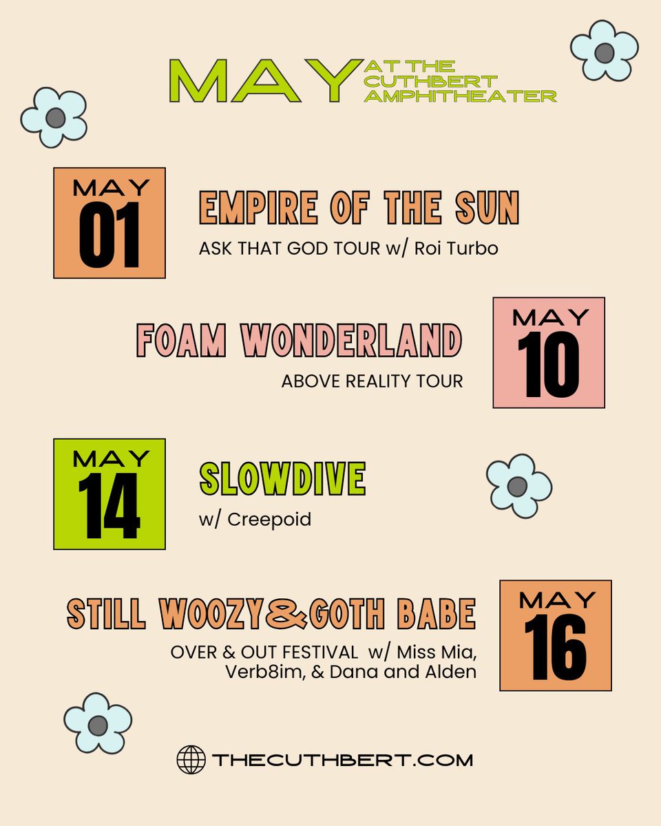 T-minus three weeks until Cuthbert season starts! ☀️ We’re kicking things off on MAY 1ST with Empire of the Sun, but there’s so many good shows throughout the month 🌷🎶 Which are you most excited for?!