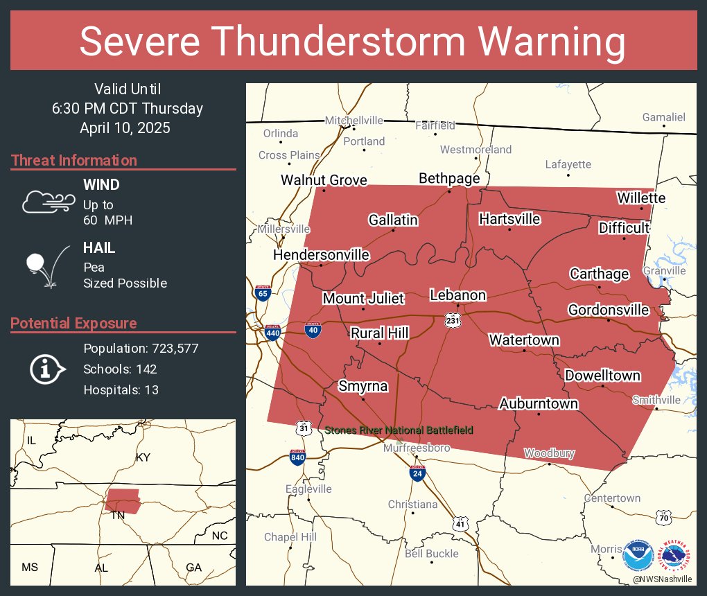 Severe Thunderstorm Warning including Hendersonville TN, Smyrna TN and  La Vergne TN until 6:30 PM CDT