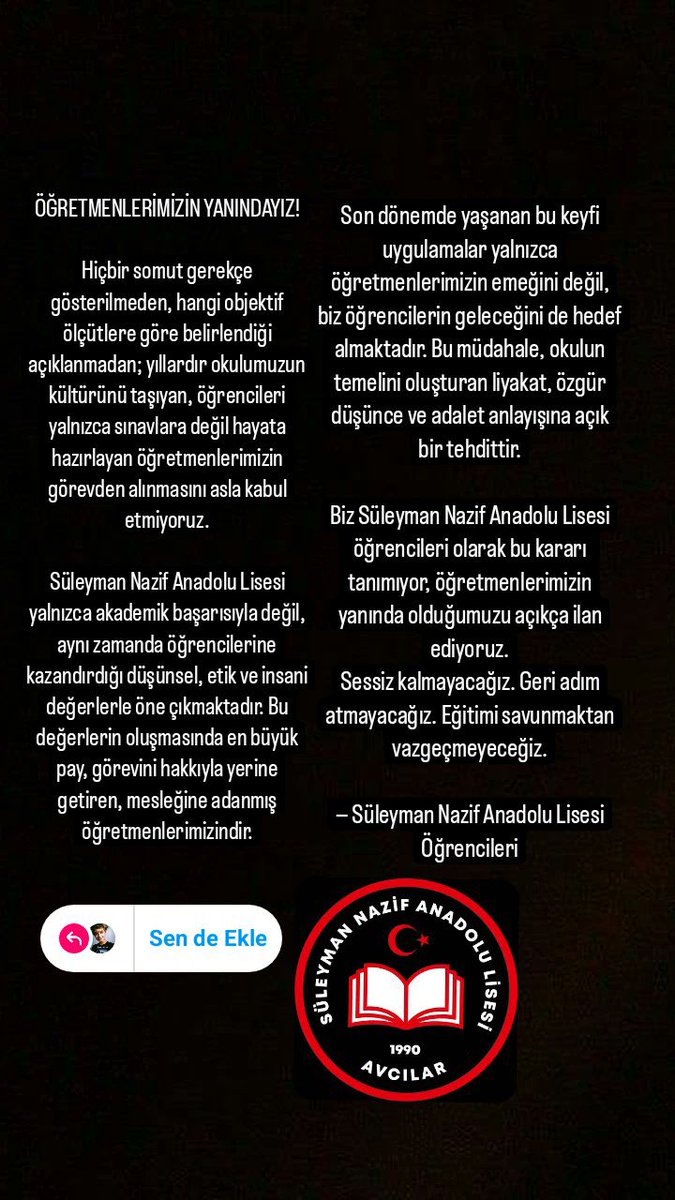 yasarustaemek1's tweet photo. 📣Farklı okullardan lise öğrencileri, açığa alınan öğretmenlerine destek olacaklarını bildiri yayınlayarak açıklıyor: 

#LisemeDokunma #ÖğretmenimeDokunma https://t.co/xOEhWE3QoF