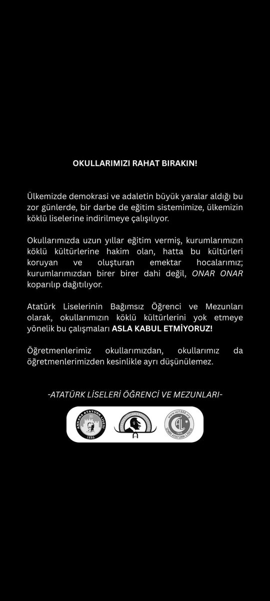 yasarustaemek1's tweet photo. 📣Farklı okullardan lise öğrencileri, açığa alınan öğretmenlerine destek olacaklarını bildiri yayınlayarak açıklıyor: 

#LisemeDokunma #ÖğretmenimeDokunma https://t.co/xOEhWE3QoF