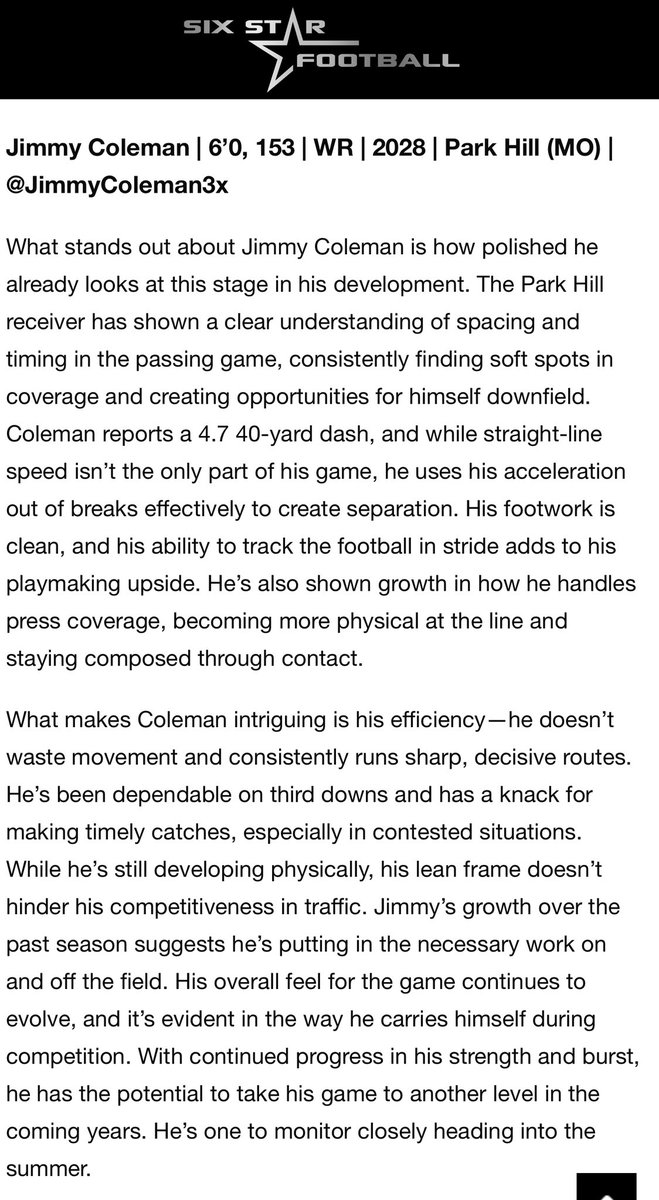 JimmyColeman3x's tweet photo. Thank you @sixstarfootball for the write up @PHTrojansFB @CoachAndySims @PrepRedzone @WOWKCfootball https://t.co/CdoLJ5bXuh