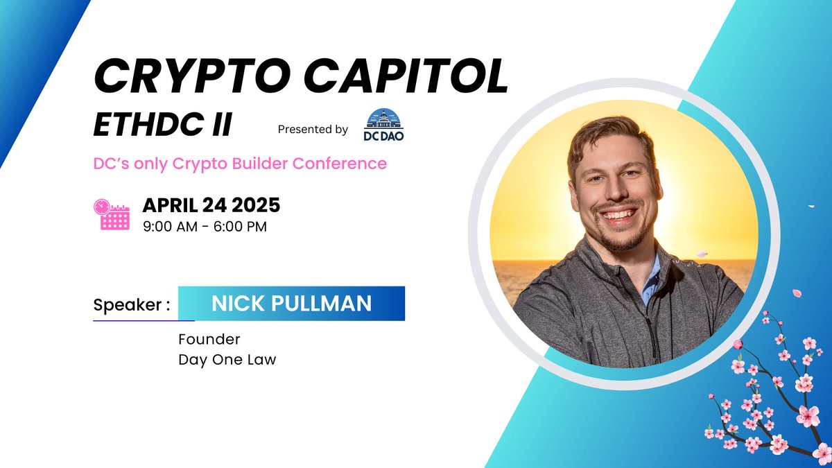 Day One Law (@dayonelaw) on Twitter photo <a href="/NickPullmanEsq/">Nick Pullman ๐บ๐ธ</a>, our founder, is speaking at Crypto Capitol: EthDC II, presented by <a href="/DCDAOxyz/">DC DAO</a> this month.
One day. Smart people. Real talk on crypto, law, and policy.
Speakers from a16z, MetaMask, Uniswap Foundation, and more.
๐ Culture House DC
๐๏ธ April 24, 2025
๐๏ธ Register <a href="/NickPullmanEsq/">Nick Pullman ๐บ๐ธ</a>, our founder, is speaking at Crypto Capitol: EthDC II, presented by <a href="/DCDAOxyz/">DC DAO</a> this month.
One day. Smart people. Real talk on crypto, law, and policy.
Speakers from a16z, MetaMask, Uniswap Foundation, and more.
๐ Culture House DC
๐๏ธ April 24, 2025
๐๏ธ Register