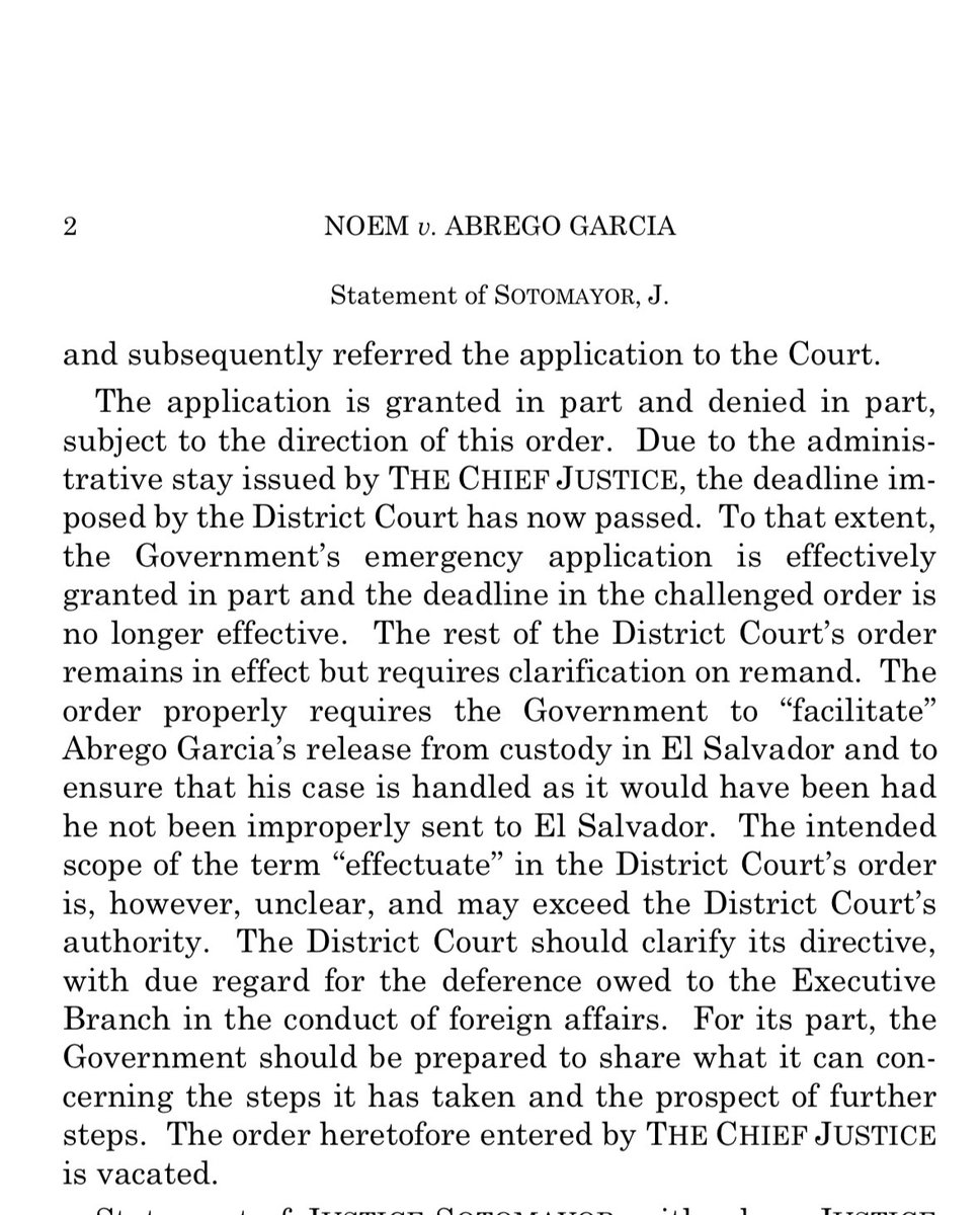 JUST IN — The Supreme Court partially allows a lower court order that requires the Trump administration to “facilitate” and “effectuate” the return of Kilmar Abrego Garcia, the man erroneously deported.

But the high court asks the lower court to clarify what “effectuate” means.