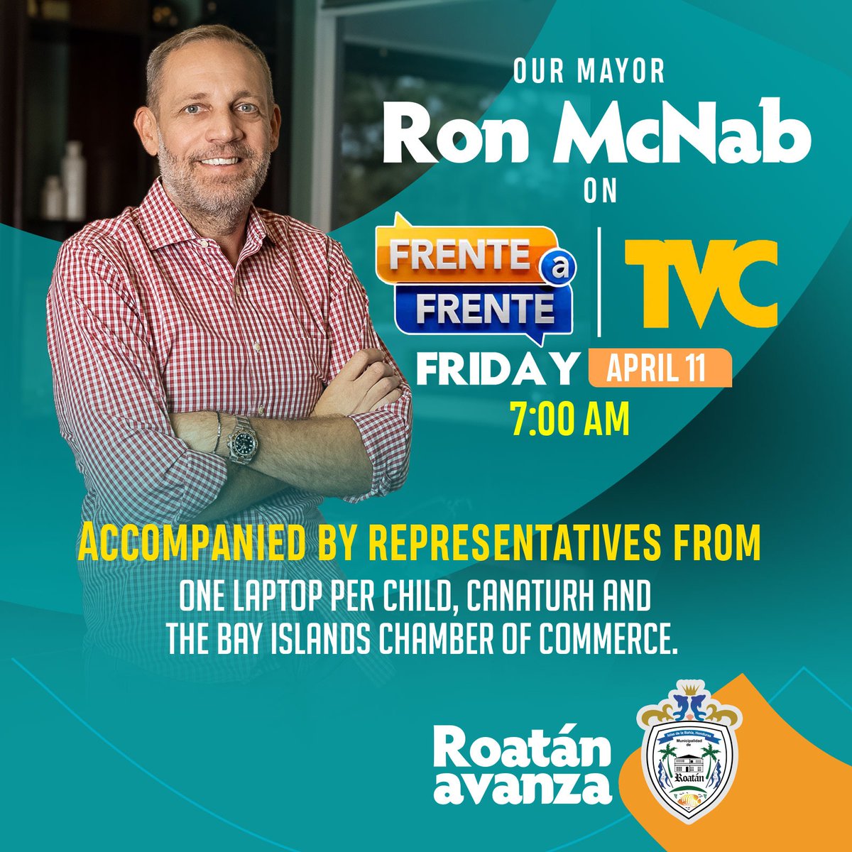 Este viernes 11 de abril, a las 7 AM, sintoniza  <a href="/FrenteaFrenteHN/">Frente a Frente</a>  por TVC con el alcalde <a href="/RonMcnabIB/">Ron McNab</a>  y expertos. ¡Descubre cómo #RoatánAvanza! 🌍📈🎓 #Roatán #Honduras