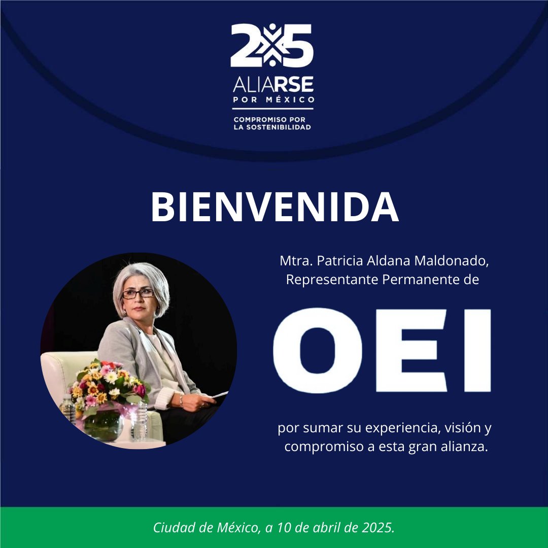 Es un honor contar con la Mtra. <a href="/PAldanaOEI/">Patricia Aldana Maldonado</a>, Representante Permanente de la <a href="/OEIMEX/">OEI en México</a>, como parte de #AliaRSE.

Su incorporación representa un paso importante en nuestra labor por fortalecer alianzas en favor del desarrollo sostenible.