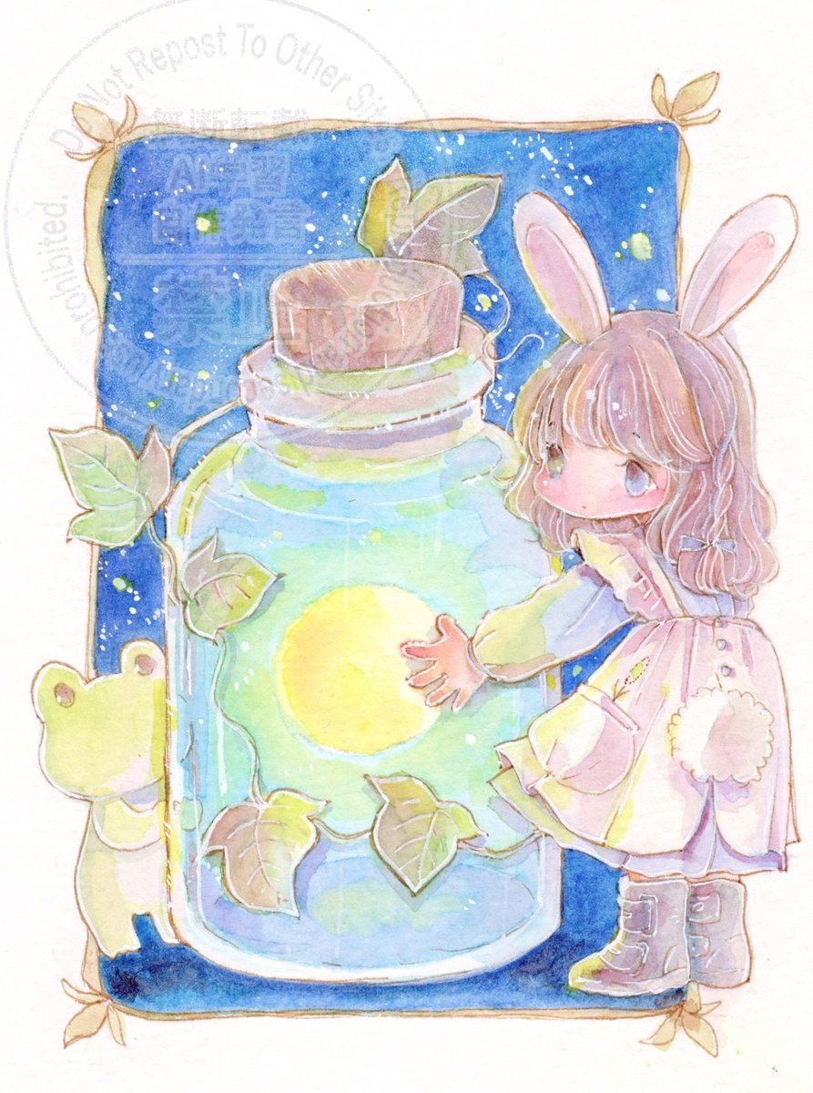 「おはようございますちいさなうささんとかえるさんそして瓶詰めの月そろそろ満月? 」|チコリ@✨🐸羽根🪶としっぽ展のイラスト