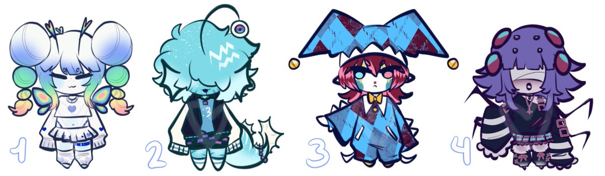 MilkyJoj0's tweet image. ☆ADOPTABLES☆
  
20 usd
  
1. MOTH 
2. FISH FLASHLIGHT 
3. ELF/CLOWN 
4. SPIDER

#adoptables #openadoptables #furry #art