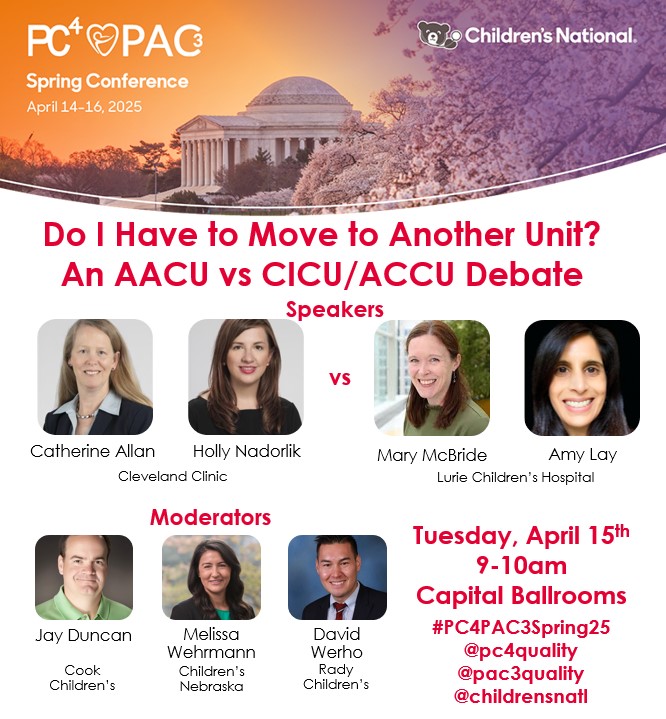 PC4 Pediatric Cardiac Critical Care Consortium (@pc4quality) on Twitter photo Join us for this joint PC4 & PAC3 session - a debate about Adaptable Acuity Cardiac Units & CICUs/Acute Care Cardiology Units at our #PC4PAC3Spring25 meeting in DC this week! Look forward to a lively discussion!
<a href="/pac3quality/">PAC3quality</a>
<a href="/ChildrensNatl/">Children's National Hospital 🏥</a>
#PedsICU #PedsCICU #PedsCards #CHD Join us for this joint PC4 & PAC3 session - a debate about Adaptable Acuity Cardiac Units & CICUs/Acute Care Cardiology Units at our #PC4PAC3Spring25 meeting in DC this week! Look forward to a lively discussion!
<a href="/pac3quality/">PAC3quality</a>
<a href="/ChildrensNatl/">Children's National Hospital 🏥</a>
#PedsICU #PedsCICU #PedsCards #CHD