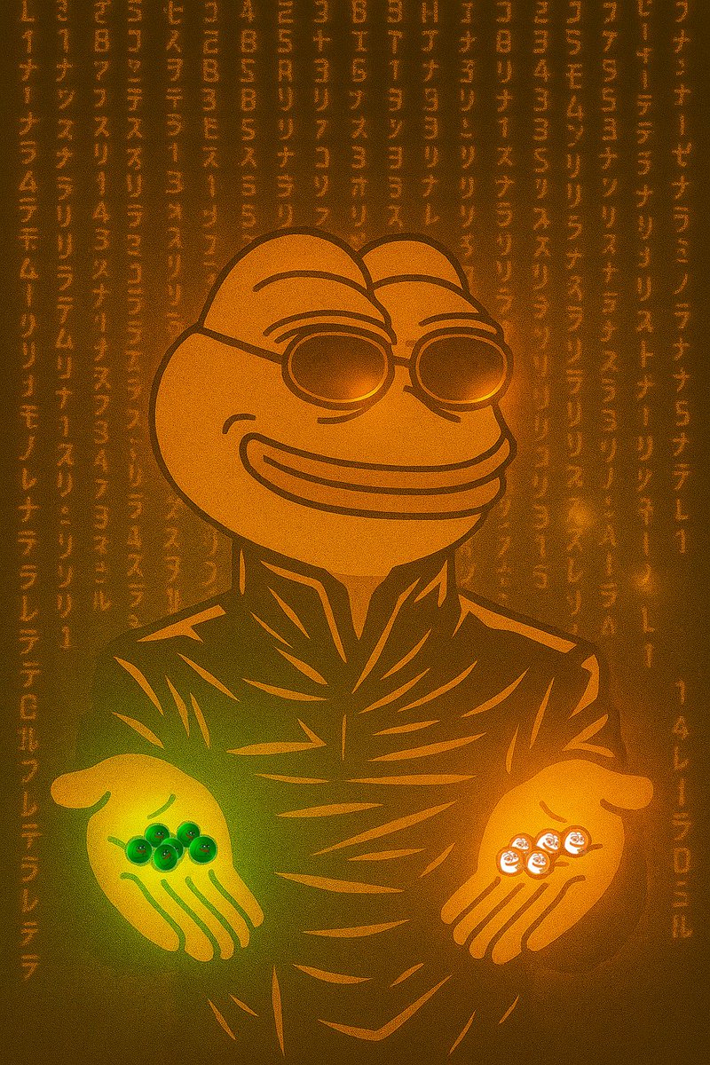 pepecoinssol's tweet photo. You take the Green pill, you stay in your comfy meme. 
You take the Orange pill, and $pepe shows you how 
deep the feels go. https://t.co/sKXYtdsHDo