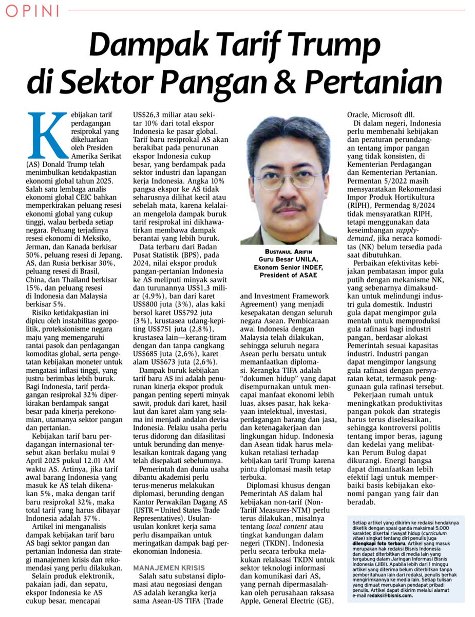 Jika berkenan membaca, saya menulis artikel “Dampak Tarif Trump di Sektor Pangan dan Pertanian” di Bisnis Indonesia tanggal 10 April 2025. Saran dan komentar ditunggu. Terima kasih. koran.bisnis.com/read/20250410/…