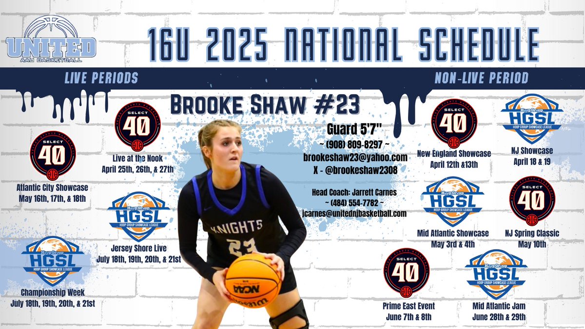 Looking forward to a great season with my United 16U National team. Here is our schedule for this season!! 
<a href="/jcarnesjr/">Coach Carnes</a> 
<a href="/CoachGaba/">Coach Joe Gaba</a> 
<a href="/CoachJimmy_O/">Jimmy Ostaszewski</a> 
<a href="/GSB_WBB/">Knights WBB</a>