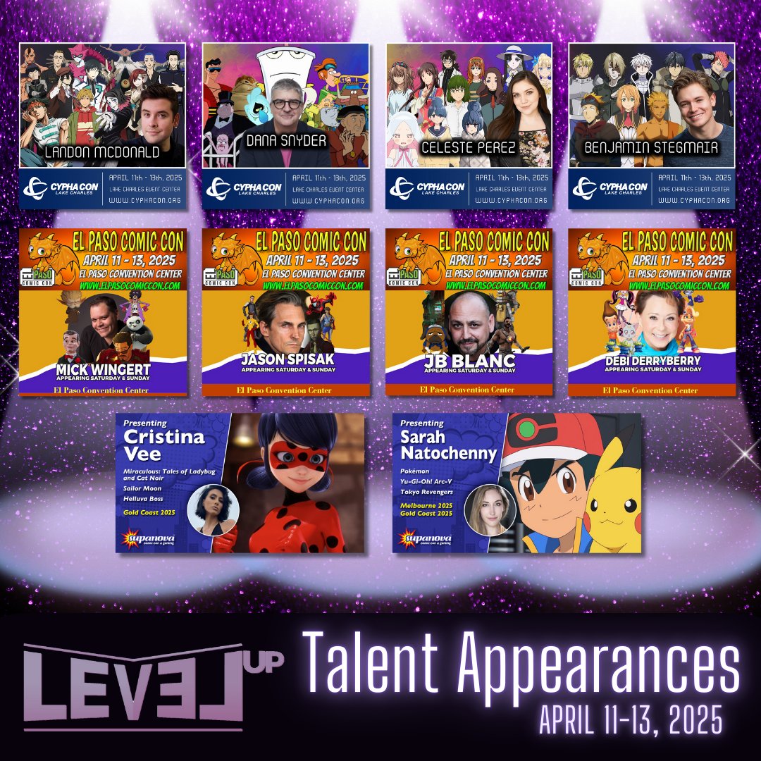 Big weekend for <a href="/LevelUpVO/">Level Up Entertainment VO</a> !
CyPhaCon – Landon McDonald, Celeste Perez, Benjamin Stegmair, Dana Snyder
El Paso Comic Con – Debi Derryberry, Mick Wingert, JB Blanc, Jason Spisak
Supanova Gold Coast – Cristina Vee, Sarah Natochenny
#CyPhaCon #ElPasoComicCon #SupanovaGoldCoast