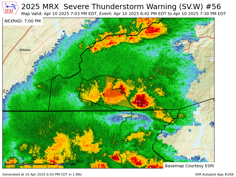 VictoriaCavWx's tweet photo. MRX continues Severe Thunderstorm Warning [wind: <50 MPH (RADAR INDICATED), hail: 1.00 IN (RADAR INDICATED)] for Cherokee, Clay [NC] till 7:30 PM EDT https://t.co/9jjCVqeynk https://t.co/4LJo3ReUPy