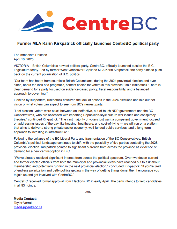 We're BC's newest political party, led by <a href="/KirkpatrickWVC/">Karin Kirkpatrick 🇨🇦</a>.

We think it's time for a new approach to politics in BC. If you agree, join us: centrebc.ca