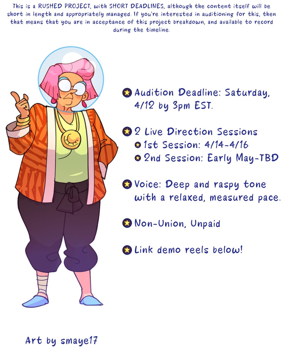 🚨1 MORE RUSHED CASTING CALL🚨 

Hello! I’m working with a studio to cast for an original motion comic dub, and we’re opening a previously closed audition for this character due to time constraints.

💌Link or DM demos if interested, &amp; I'll follow up in DMs with audition info!
