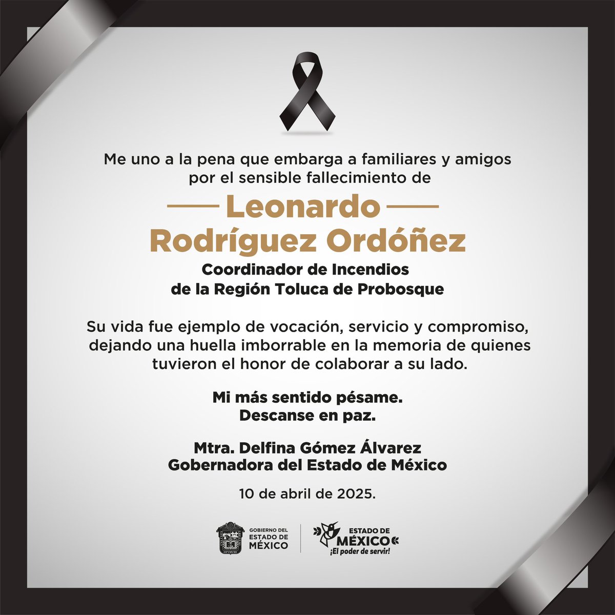 delfinagomeza's tweet photo. Con mucho pesar, lamentamos el fallecimiento de nuestro compañero Leonardo Rodríguez Ordóñez, Coordinador de Incendios de la Región Toluca de Probosque.
Su calidad humana, valor y compromiso para salvaguardar los bosques mexiquenses siempre se hicieron presentes en su labor.
Mi más sentido pésame a sus familiares, amigos y compañeros a quienes envío un abrazo en estos momentos de dolor.