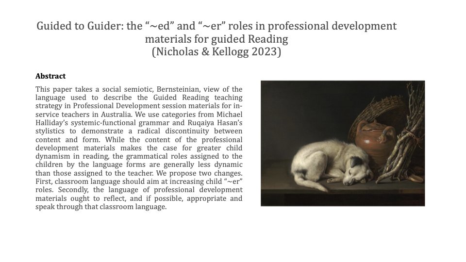 Guided to Guider: the “∼ed” and “∼er” roles in professional development materials for guided Reading
By Maria Nicholas &amp; David Kellogg
DOI: 10.1080/10350330.2023.2258362
#socialsemiotics #systemiclinguistics #teacherdevelopment #textbooks #primaryschool #teachereducation