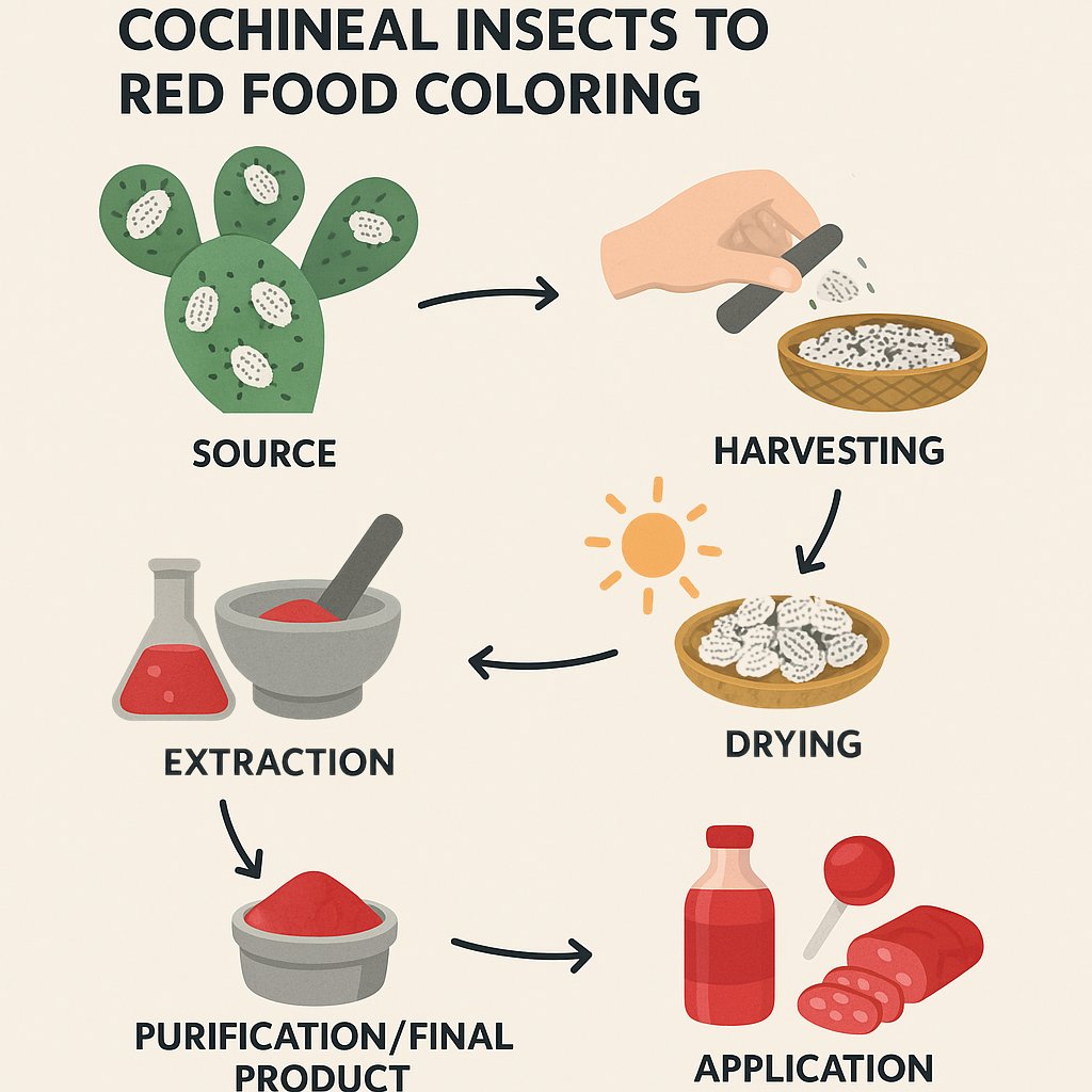 Ever wonder where that vibrant red in your food comes from? 🤔 Sometimes, it's tiny cochineal insects! 🐞 This cool infographic breaks down their journey from prickly pear cactus to common food coloring (carmine). Check it out! #cochineal #carmine #foodcoloring #foodfacts