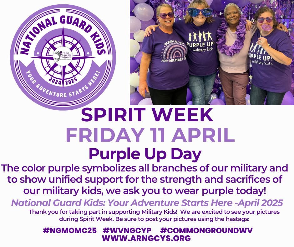 Thank you so much everyone for celebrating RED Day, Remember Everyone Deployed, by wearing something red today!  And TOMORROW is the BIG Day…Purple Up Day…wear something purple, post pic and tag us!  
#guardkidsyouradventurestartshere #wvngcyp #NGMOMC25 #commongroundwv