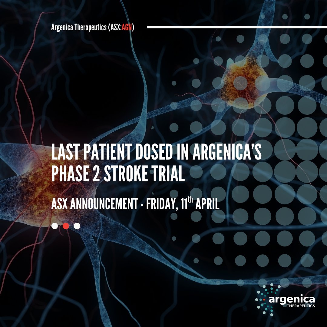 This morning, Argenica Therapeutics is pleased to announce the final patient in its Phase 2 clinical trial of ARG-007 in acute ischaemic stroke (AIS) has been dosed.

Learn more about this announcement ➡️ bit.ly/42w4qEh

#ASX #AGN #ARG007 #stroke #clinicaltrial