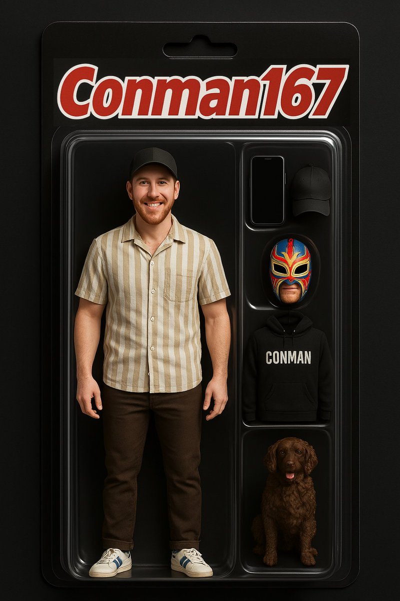 Retro1996_'s tweet photo. Get ready, @conman167 fans! The official Conman167 Action Figure is here—complete with phone, hoodie, and a Lucha Mask to become Lucha King! Limited time only: get a FREE playable figure of his dog Tucker! Grab yours before they’re gone! #ConmanCollectibles #ConmanCommunity https://t.co/C5ZZcRVqNA