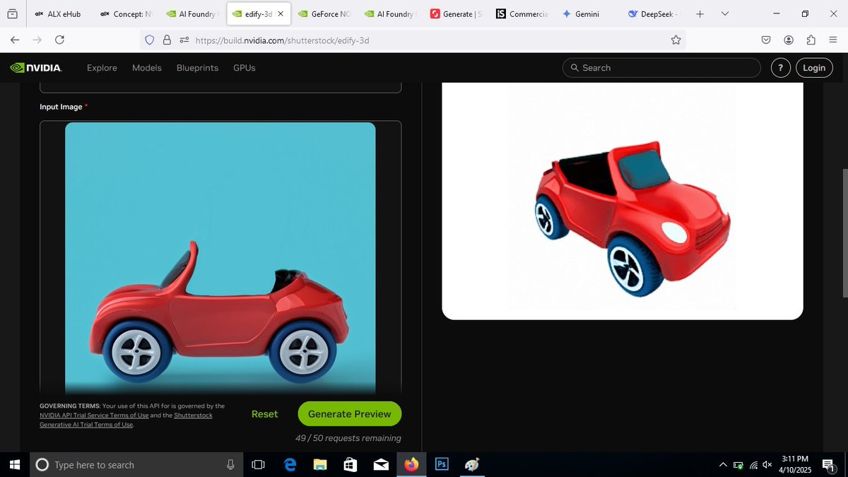 Ebose_rina's tweet image. Day 18 with alx_africa .
Still on the line up of possibilities using AI, Edify 3D enables you convert images to 3D formats and Vila can explain and elaborate images, charts etc. AI is just beautiful.
#Ax_AiSK #Imageto3D #ThebeautyofAI