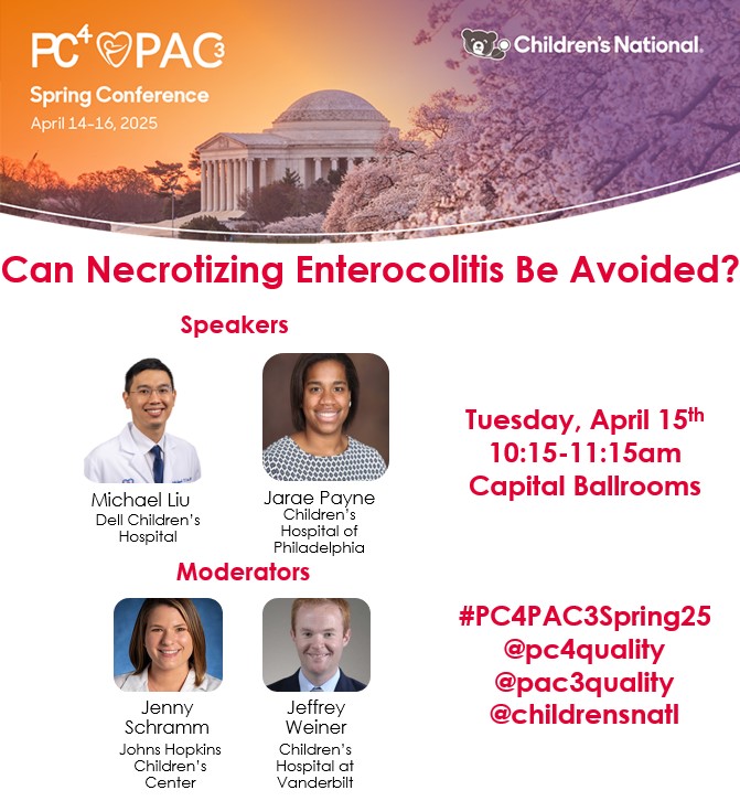 PC4 Pediatric Cardiac Critical Care Consortium (@pc4quality) on Twitter photo Is NEC Avoidable? Join us for this joint PC4/PAC3 session at our #PC4PAC3Spring25 meeting in DC this week! Look forward to seeing you there and improving outcomes together!
<a href="/pac3quality/">PAC3quality</a>
<a href="/ChildrensNatl/">Children's National Hospital 🏥</a>
#PedsICU #PedsCICU #NICU #PedsCards #CHD Is NEC Avoidable? Join us for this joint PC4/PAC3 session at our #PC4PAC3Spring25 meeting in DC this week! Look forward to seeing you there and improving outcomes together!
<a href="/pac3quality/">PAC3quality</a>
<a href="/ChildrensNatl/">Children's National Hospital 🏥</a>
#PedsICU #PedsCICU #NICU #PedsCards #CHD