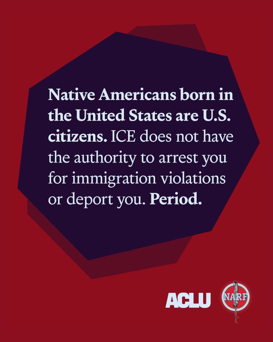 ➡️ Knowing your rights is more important than ever.

These tips from <a href="/ACLU/">ACLU</a> &amp; <a href="/NDNrights/">Native American Rights Fund</a> might help you or someone you know stay safe. 

Share for visibility. ❤️

#BirthrightCitizenship #ImmigrationLaw