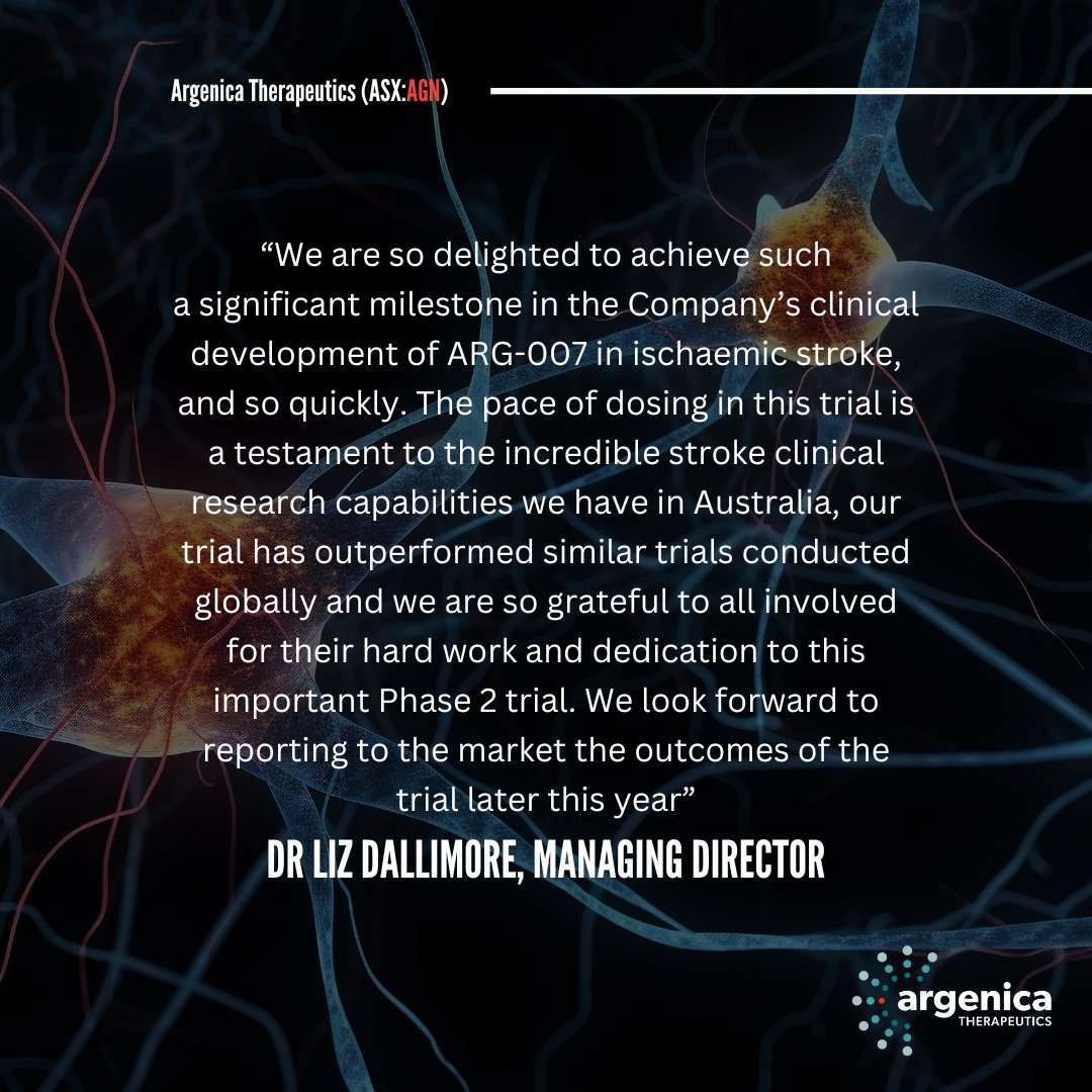 Last week, AGN announced the final patient in its Phase 2 clinical trial of ARG-007 in acute ischaemic stroke (AIS) has been dosed.

Read the full announcement here ➡️ bit.ly/42w4qEh

#ASX #AGN #stroke