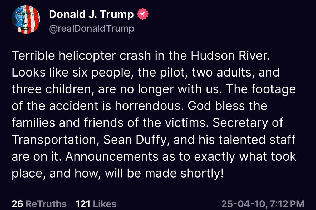 CADAmerican's tweet image. 🚨 TRAGIC: Helicopter Crash in the Hudson River Claims Six Lives

President Trump confirms a devastating crash involving six people—the pilot, two adults, and three children—has taken place in the Hudson River.

He calls the footage “horrendous” and sends prayers to the families…