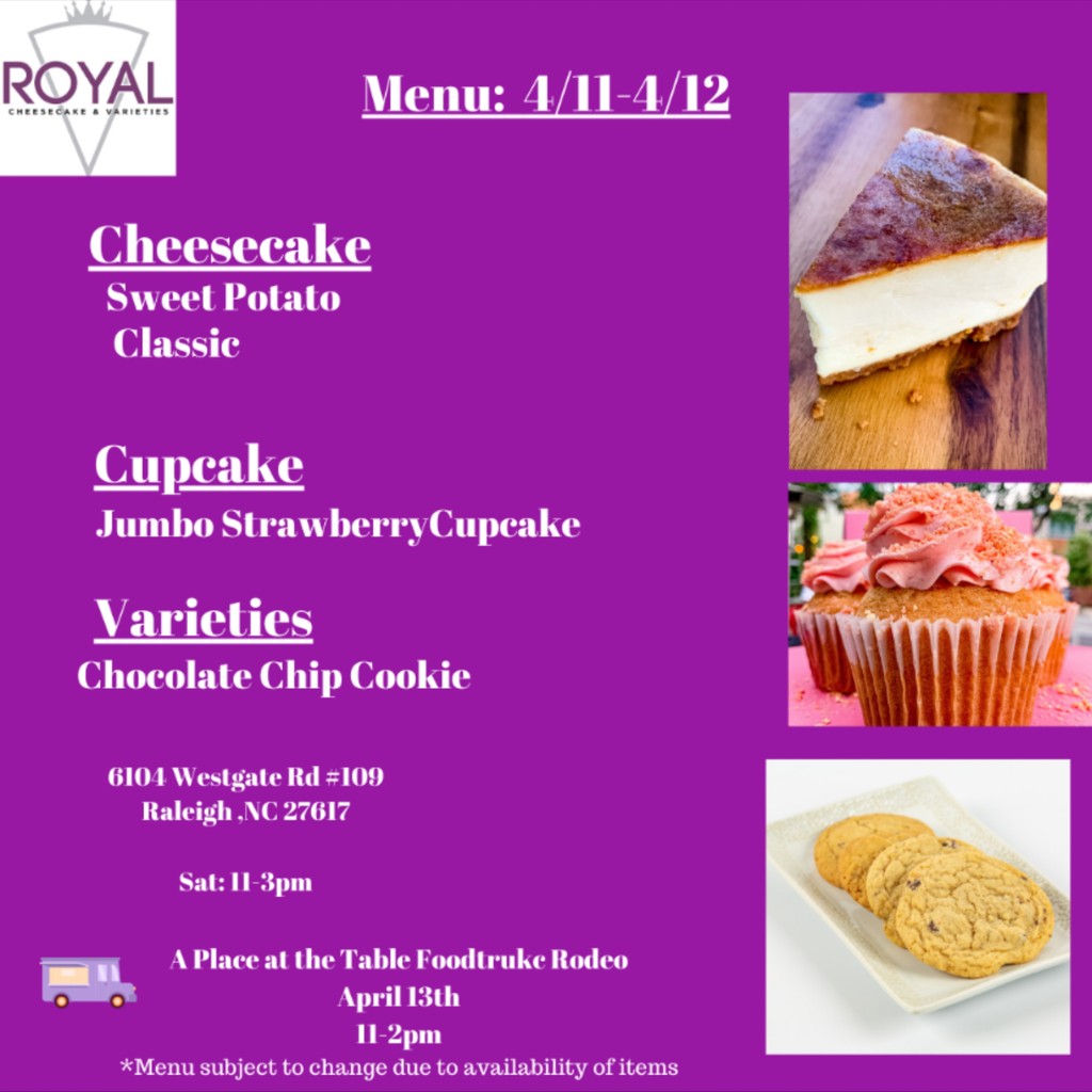 Yes we’re baking Saturday ONLY! 

Make sure to catch us before we’re off to the food truck rodeo! 

When??
Saturday 11-3pm 

Where??
6104 Westgate Rd 
#109
Raleigh, NC

#AlwaysBeRoyal