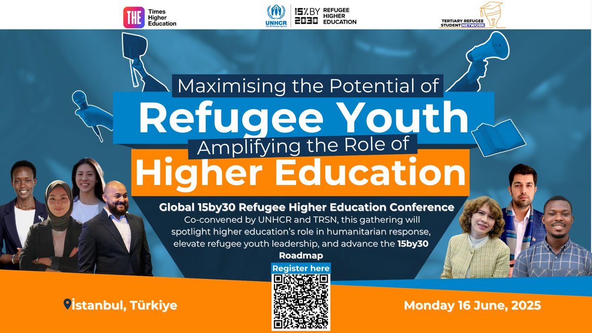 📢 Join us at the #15by30Conference in Istanbul!
Co-convened by UNHCR &amp; TRSN, this global event will spotlight higher education’s role in humanitarian response &amp; strengthen refugee youth leadership.
🔗 Apply for a registration voucher: docs.google.com/forms/d/e/1FAI…
#15by30 #HigherEd