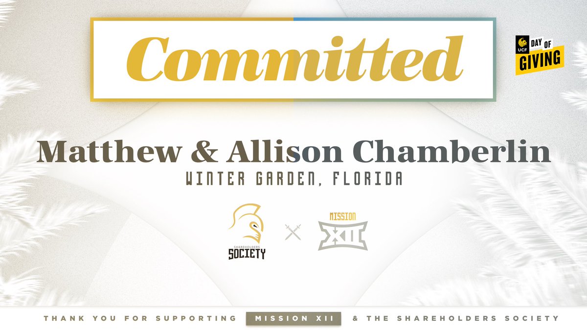 UCF ChargeOn Fund (@chargeonfund) on Twitter photo ANOTHER ONE 🫳🎤
Thank you to Matthew and Allison ‘24 Chamberlin for their commitment in support of <a href="/UCFKnights/">UCF Knights 🌴</a> and our MissionXII.com objectives through the Competitive Success Fund!
Welcome to the Shareholders Society! ⚔️
#UCFDayofGiving ANOTHER ONE 🫳🎤
Thank you to Matthew and Allison ‘24 Chamberlin for their commitment in support of <a href="/UCFKnights/">UCF Knights 🌴</a> and our MissionXII.com objectives through the Competitive Success Fund!
Welcome to the Shareholders Society! ⚔️
#UCFDayofGiving