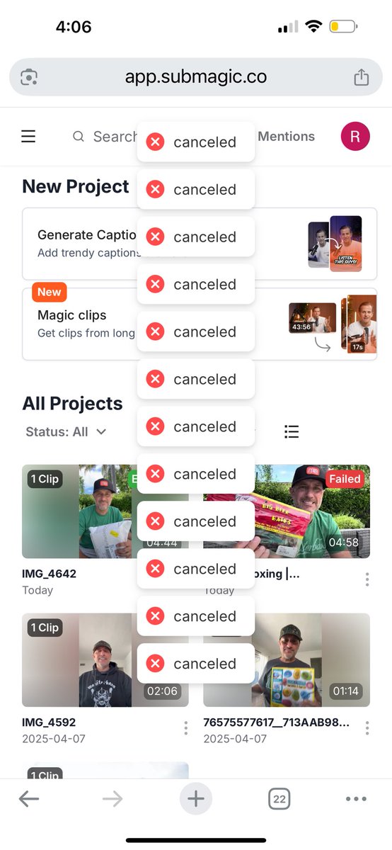 RickPatri's tweet photo. @submagic_co Need some help please. Joined today with a paid plan and your "magic clips" always returns these error messages. Can you help me? Thank you. https://t.co/4xpo8K7Jav