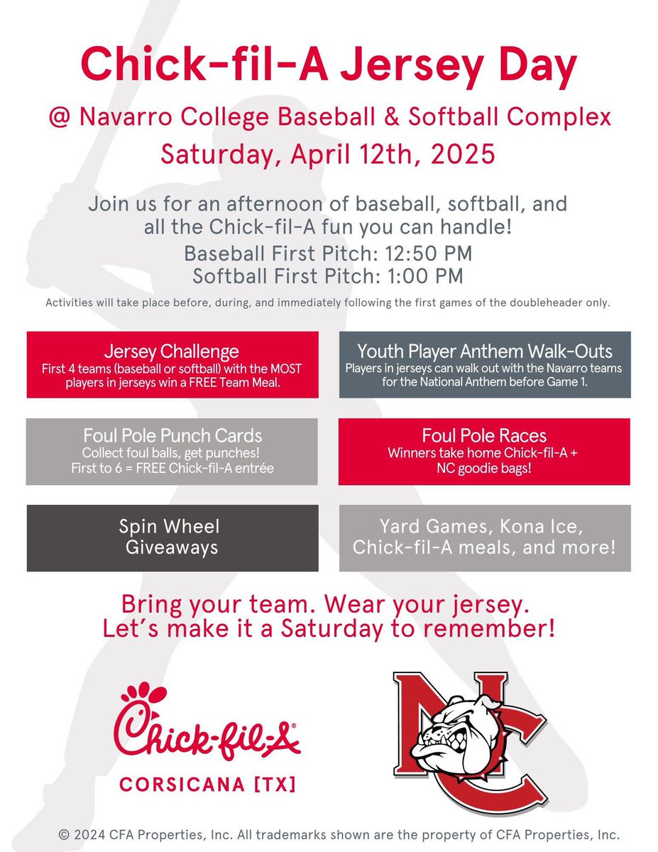 NavarroBasebal1's tweet image. Bring the whole family out to the ballpark this Saturday for a day of fun as the Dawgs take on Panola in a doubleheader. All kinds of awesome things going on! #TLC 🐶
Thank you @ChickfilA in Corsicana!!
