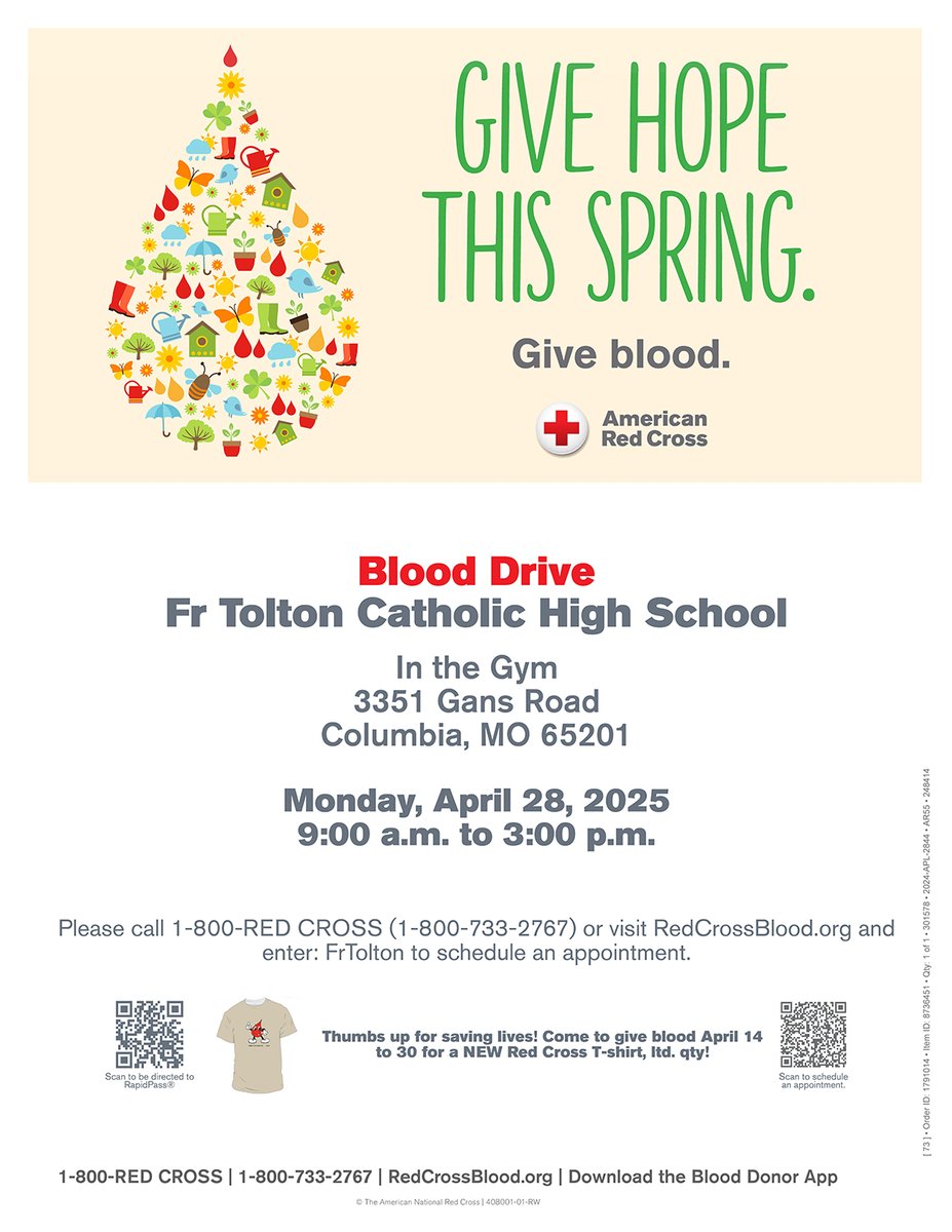 Sign up to donate at the spring Tolton Blood Drive - Monday, April 28, 2025. We have lots of slots available from 9:00 AM to 3:00 PM and need your help filling them! Scan the QR Code to sign up, or visit RedCrossBlood.org and enter FrTolton to schedule. Thank you!