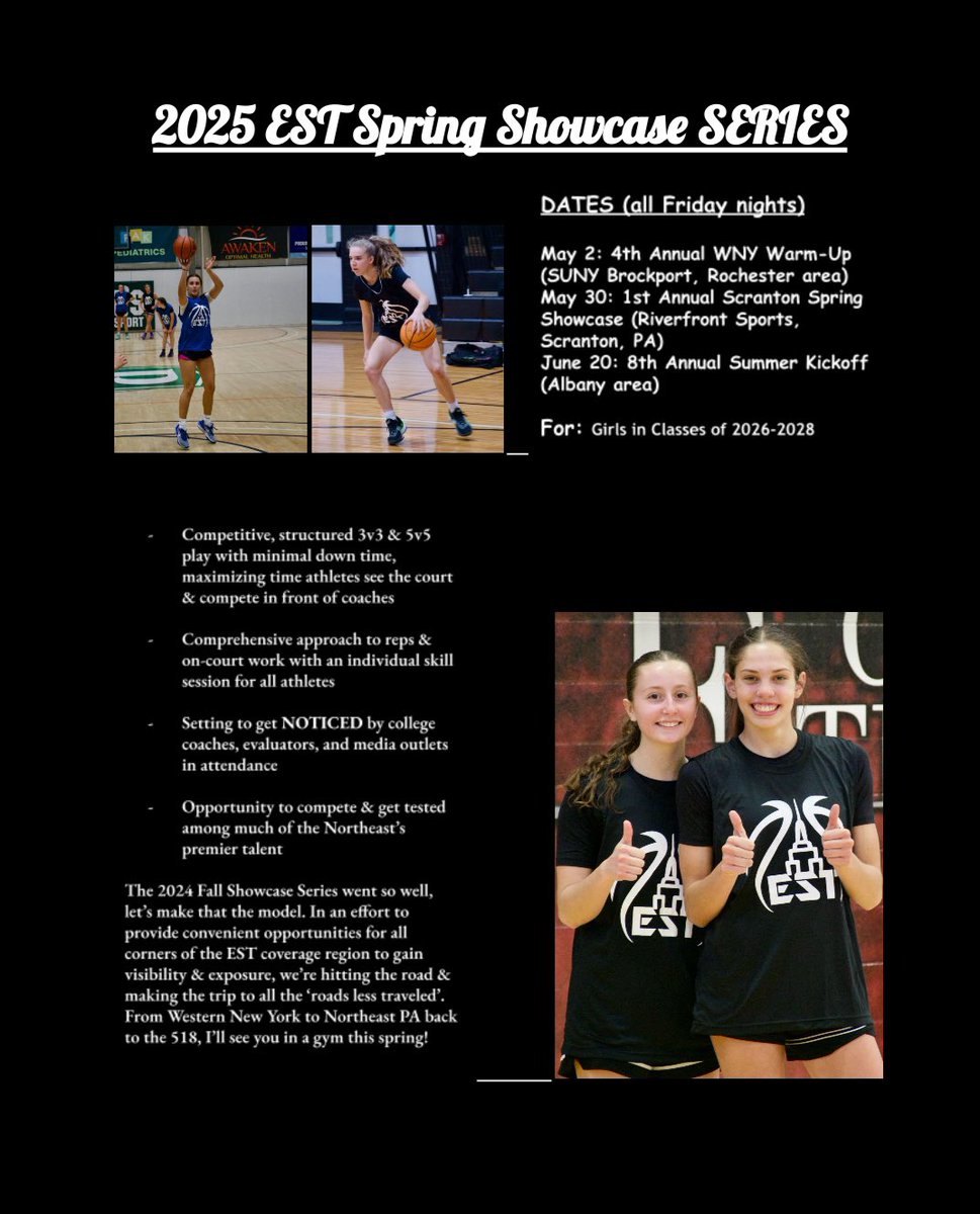 It’s that time of year…

🚨NEW EVENT(S) ALERT🚨

I liked how last fall went so much, let’s make that the format.
Introducing the EST Spring Showcase SERIES 💥

*all for 2026-2028 graduating classes*
⏳ 4th Annual #ESTWNYWarmup (SUNY Brockport on May 2)
⏰ 1st Annual