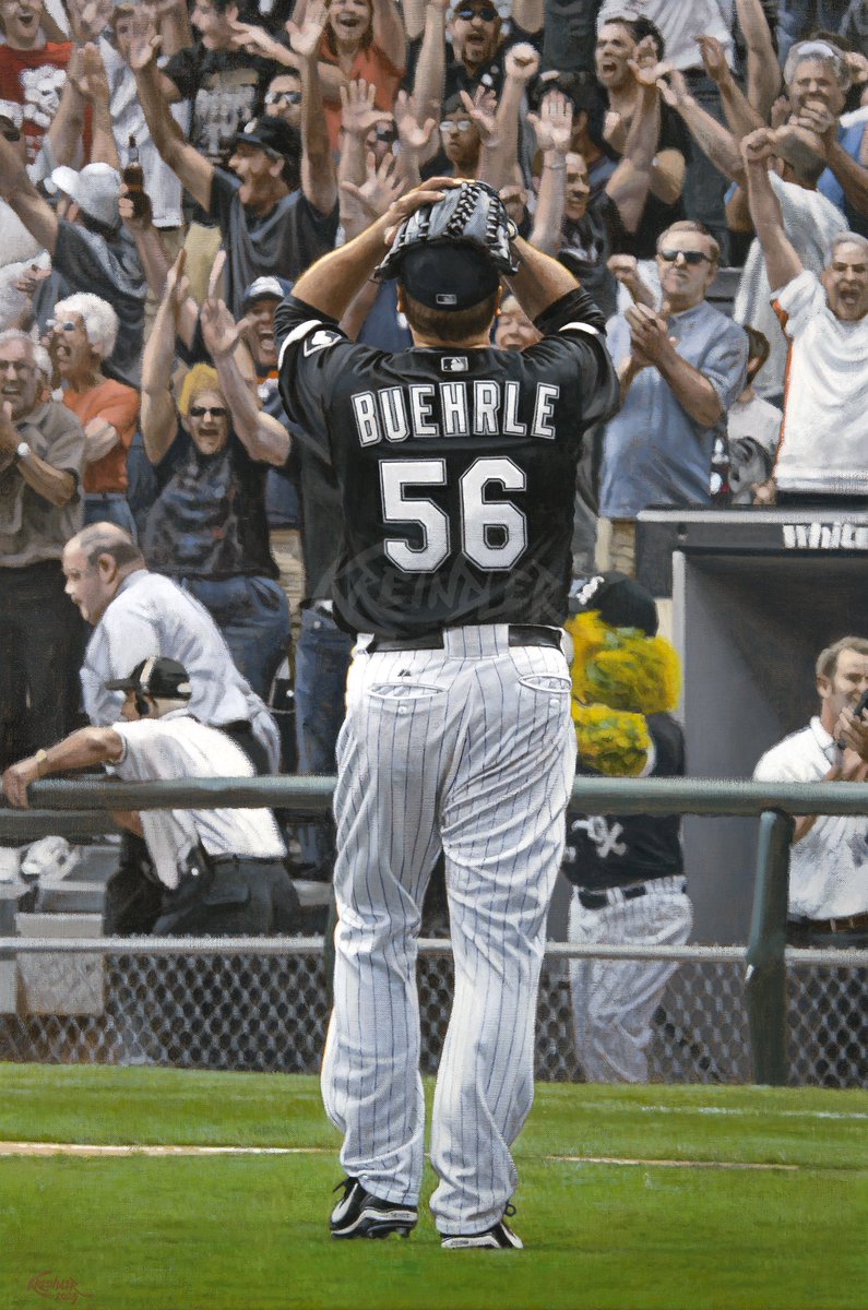 GraigKreindler's tweet photo. Here's my painting of Mark Buehrle reacting to the last out of his perfect game, July 23, 2009. This one was a big challenge due to the shallow depth of field, but in the end, I *think* I was able to pull it off. Based on the great photography of Warren Wimmer. https://t.co/EsLZTpUbcS