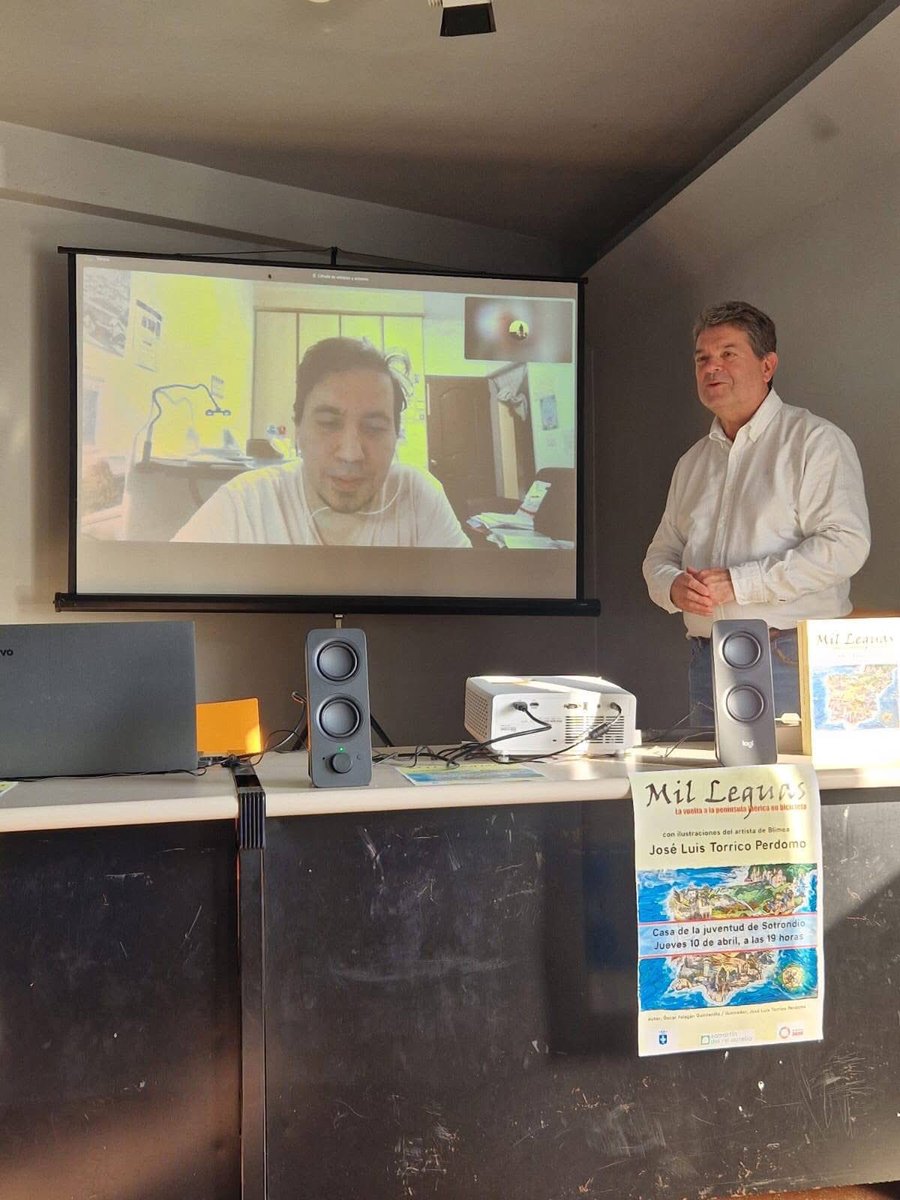Entamen les actividaes del Día del Llibru en Samartín del rei Aurelio cola presentación del llibru  MIL LEGUAS d'Óscar Falagán y José Luís Torrico ( col que conectamos dende Taiwán) na Casa la Xuventú de Sotrondio.