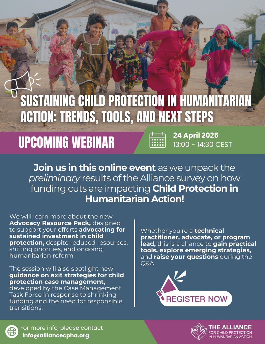 🌍Upcoming Webinar! How can we sustain #CPHA when resources are shrinking?

Join us to explore how we can sustain Child Protection in humanitarian crises.
🗓️ 24 April
🕐 13:00 CEST
📍 Zoom
🔗us06web.zoom.us/webinar/regist…
#FundingCrisis #ChildProtectionMatters #Advocacy #CaseManagement