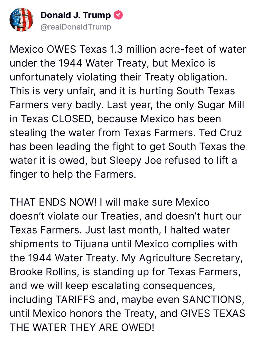 AreliPaz's tweet photo. Y ahora que le debemos agua. 
Y ya está la amenaza de … arancel contra México.
#ElCuentoDeNuncaAcabar 🙄 https://t.co/ug9H6G2PqH