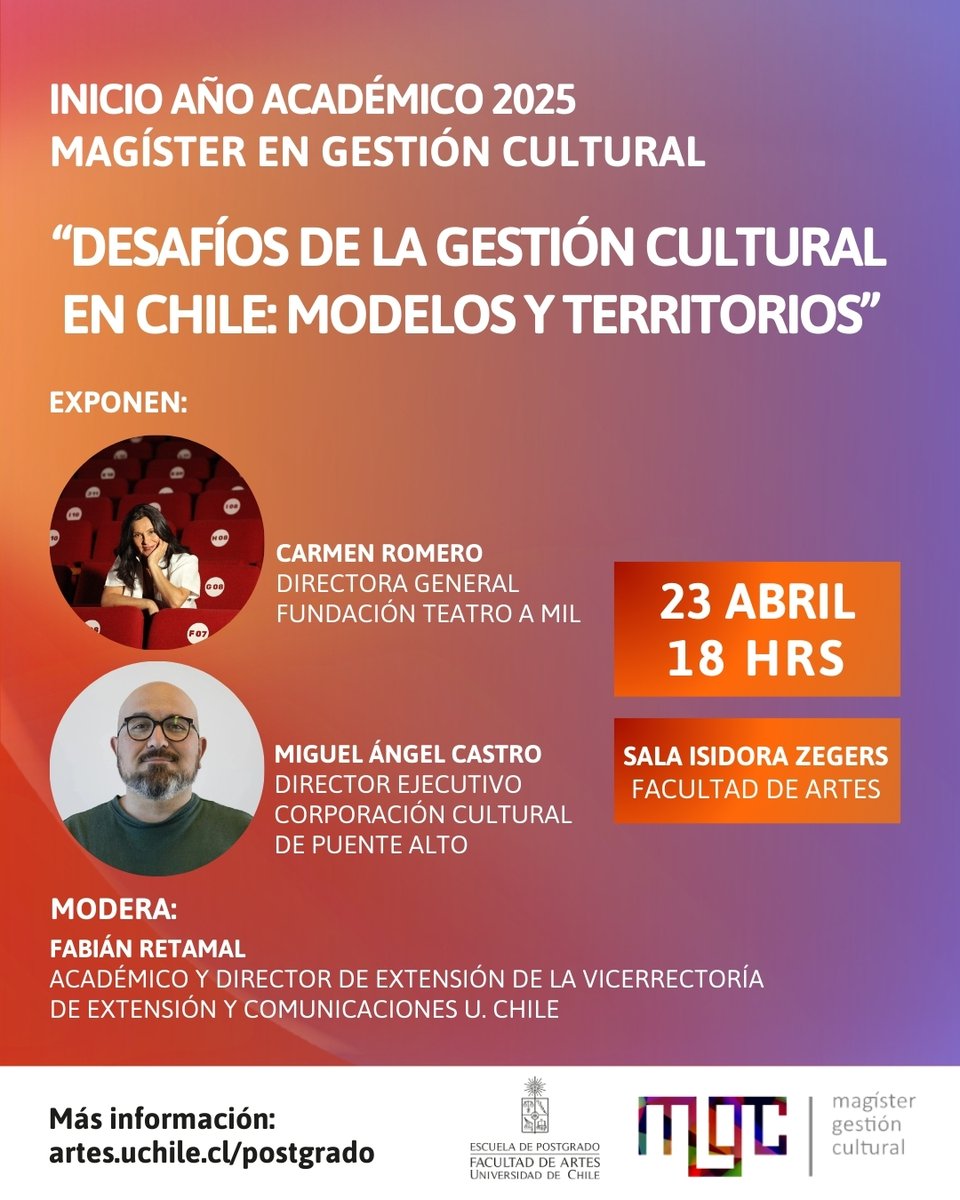 Simon Palominos (@palominossimon) on Twitter photo Inauguración de Año Académico Magíster en Gestión Cultural UChile. Miércoles 23 de abril a las 18.00 en Sala Isidora Zegers. Participan Carmen Romero, Miguel Ángel Castro y Fabián Retamal. <a href="/carmenromeroque/">Carmen Romero Quero</a> <a href="/fretamal1974/">fabian retamal</a> <a href="/matiastoledoh/">Matias Jair Toledo Herrera</a>
artes.uchile.cl/agenda/226926/… Inauguración de Año Académico Magíster en Gestión Cultural UChile. Miércoles 23 de abril a las 18.00 en Sala Isidora Zegers. Participan Carmen Romero, Miguel Ángel Castro y Fabián Retamal. <a href="/carmenromeroque/">Carmen Romero Quero</a> <a href="/fretamal1974/">fabian retamal</a> <a href="/matiastoledoh/">Matias Jair Toledo Herrera</a>
artes.uchile.cl/agenda/226926/…
