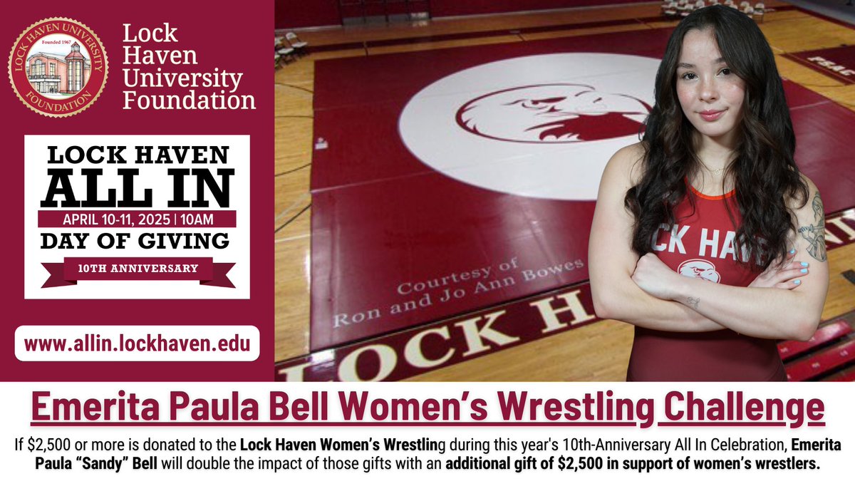 Still time left to donate!

Women’s Wrestling Challenge!

allin.lockhaven.edu/campaigns/wres…