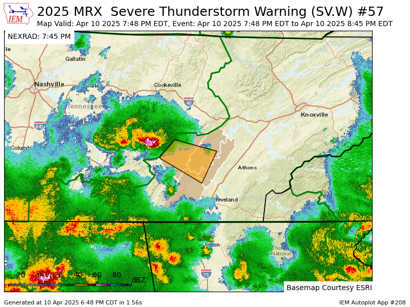 VictoriaCavWx's tweet photo. MRX issues Severe Thunderstorm Warning [wind: <50 MPH (RADAR INDICATED), hail: 1.25 IN (RADAR INDICATED)] for Bledsoe, Hamilton, Meigs, Rhea [TN] till 8:45 PM EDT https://t.co/SjeiSPrHyG https://t.co/udQNUy6sdN