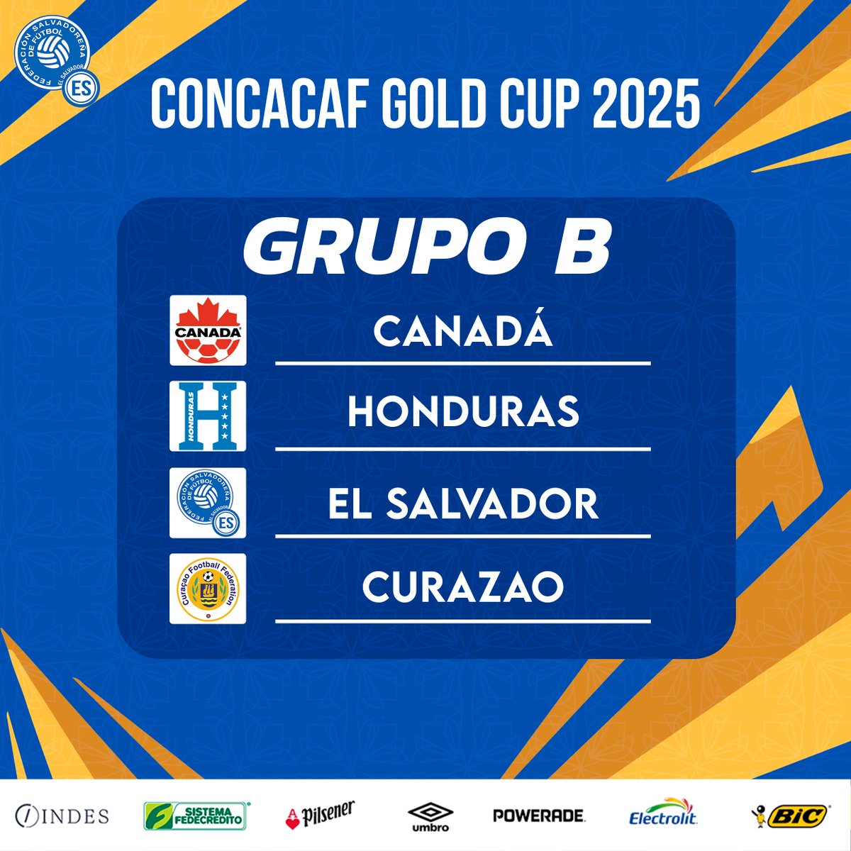 ¡Ya sabemos quiénes serán los rivales de #LaSelecta en la Copa Oro 2025!🏆

🇨🇦 🇭🇳 🇸🇻 🇨🇼

El grupo está definido y todo listo para que ruede el balón ⚽🏟

¿Listos para apoyar a #ElSalvador?

#ElSalvador #CopaOro2025